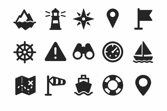 Nautical icons collection featuring lighthouse, compass, and sailboat symbols