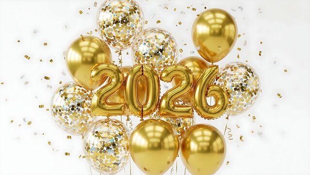 Celebrate 2026 with festive golden balloons and confetti, perfect for New Year's Eve parties, milestone birthdays, and exciting event announcements