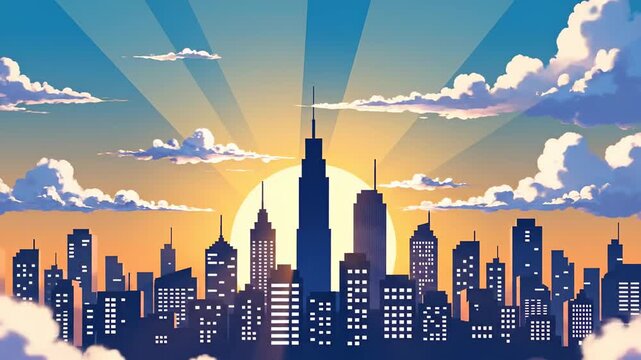 Pixel Art Cityscape at Sunrise with Dramatic Clouds.