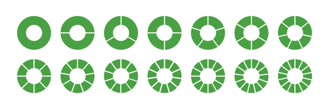 Circle division on 2, 3, 4, 5, 6, 7, 8, 9, 10, 11,12 ,13, 14 equal green parts. Wheel round divided green diagrams with two, four, five,  seven, eight, ten, eleven, twelve, thirteen, fourteen elements