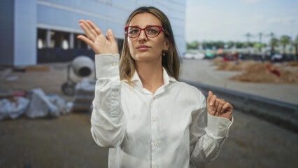 Fototapeta premium Woman adjusts red glasses at building construction site with raised hands and thoughtful gaze; calm confidence.