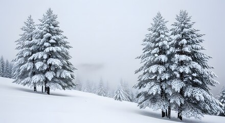 Snow covered evergreen trees on a hillside in winter