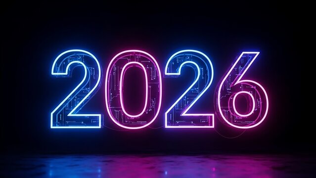 Celebrate 2026 with vibrant neon lights, a futuristic and modern design perfect for new year's promotions, tech events, or digital marketing campaigns