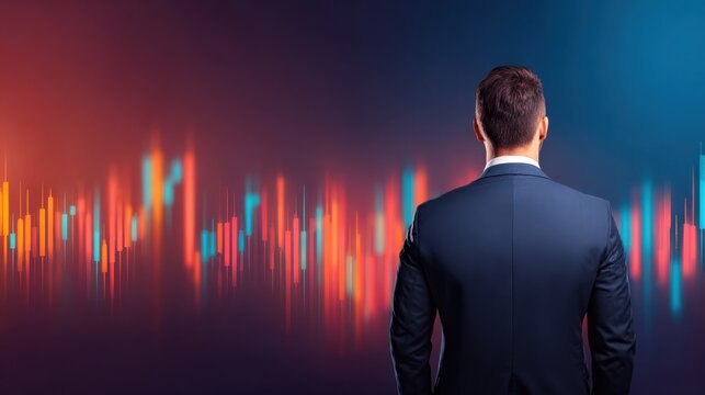 A man in a suit stands with his back turned, observing a vibrant soundwave graphic, symbolizing data analysis or financial trends.