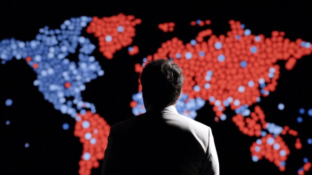 A silhouetted figure stands before a colorful map of the world, illuminated with red and blue dots, suggesting data visualization or geopolitical themes.