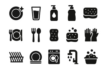Set of kitchen cleaning icons: dishes, utensils, soap, sponge, gloves, water
