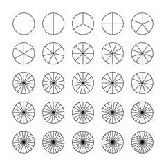 Parts of diagram wheel from 1 to 25. Pie chart template. Coaching blank. Segmented charts. Sectors divide the circle on equal parts. Black outline graphics. Pie charts, pizza charts set.