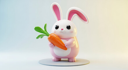 Cartoon rabbit holding a carrot standing on a gray platform against a gradient background studio shot