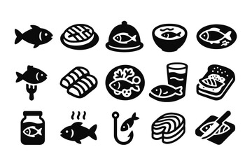Simple fish icon set featuring food and fishing elements