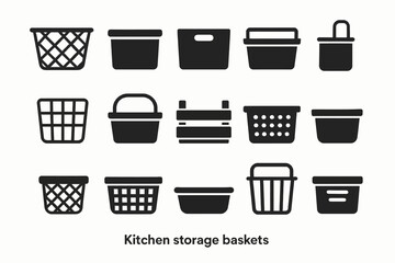 Obraz premium Various black kitchen storage baskets icons in a grid layout