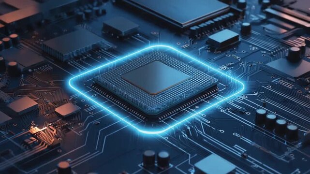 Central Processing Unit on a Circuit Board Illuminated by a Glowing Blue Square Outline processor