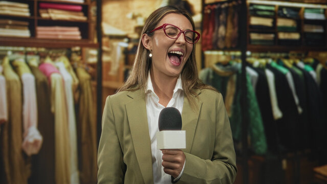 Woman holding microphone laughing with mouth open in building clothing shop surrounded by hanging jackets and shirts; joyful confidence.