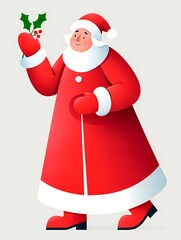 Smiling Santa Claus character standing and holding a sprig of festive holly. Charming illustration of Christmas, winter holidays, and traditional seasonal greetings with Father Frost.