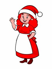 Smiling Mrs. Claus or Christmas helper character in a festive red dress and apron, waving hello. Cute cartoon illustration for winter holidays, Christmas greetings, and seasonal event promotion.