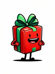 Cute red gift box character with a big green bow, smiling face, and thumbs up gesture. Fun and cheerful cartoon mascot representing presents, holidays, celebration, and surprise.