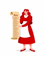 Woman (Mama) in a red dress and white apron holding and reading a long scroll list. Illustration of family organization, holiday preparation, shopping, to-do list, or wish list concept.