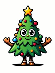Christmas tree cartoon character with decorations and a star on top, smiling and welcoming.