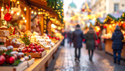 Fototapeta na wymiar Perspectiva de una calle de mercado o mercadillo navideño con dulces y artículos navideños, iluminado con luces cálidas durante las fiestas y las compras de navidad