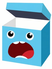 Blue open box character with a shocked or surprised expression, wide open mouth, and big eyes. Funny cartoon mascot or conceptual representation of surprise and emptiness.