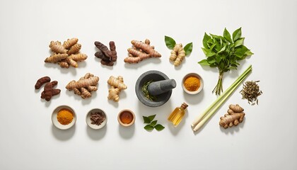 A minimal flatlay of jamu ingredients arranged with wide spacing. Clean shadows and natural shapes highlight its botanical purity and wellness-focused aesthetic.