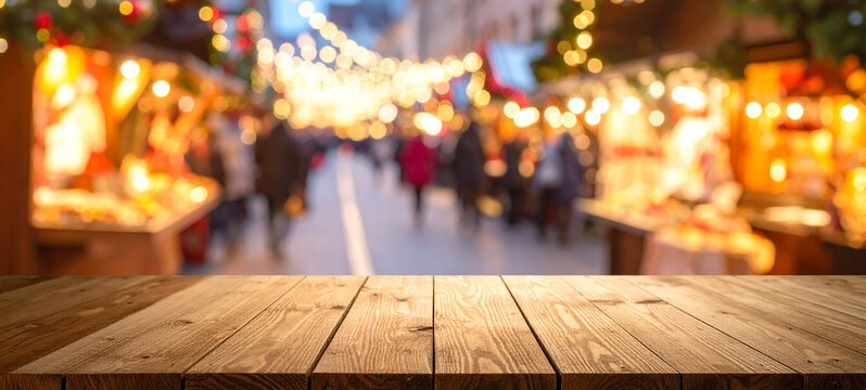 Perspectiva de una calle de mercado o mercadillo navide&ntilde;o con dulces y art&iacute;culos navide&ntilde;os, iluminado con luces c&aacute;lidas durante las fiestas y las compras de navidad