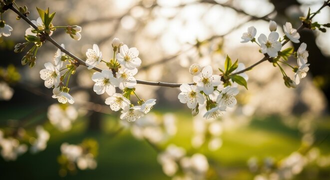 Delicate white cherry blossoms bloom on branch in spring light - Powered by Adobe