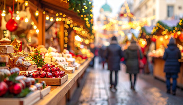 Perspectiva de una calle de mercado o mercadillo navideño con dulces y artículos navideños, iluminado con luces cálidas durante las fiestas y las compras de navidad