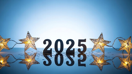 Black numerals '2025' sit reflected on a glossy blue surface surrounded by illuminated star-shaped string lights creating a festive holiday border.