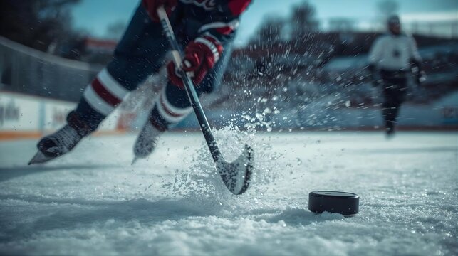 Hockey Player Delivering Powerful Slapshot with Flexing Stick and Frozen Mid-Air Puck