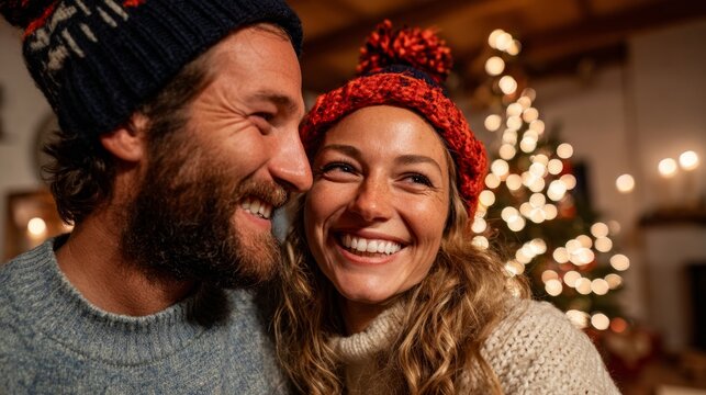 Couple celebrating Christmas outdoors at night. - Powered by Adobe