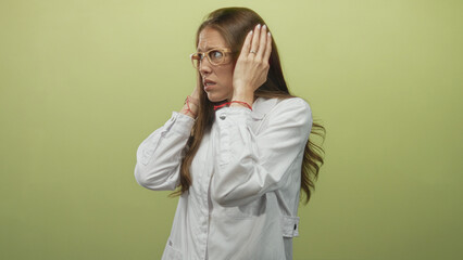Scientist woman wearing white lab coat and glasses covers ears with hands, grimacing in green studio space; sensory overload anxiety.
