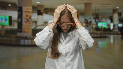 Young hispanic woman scientist with hands on head wearing white lab coat in busy airport terminal;...