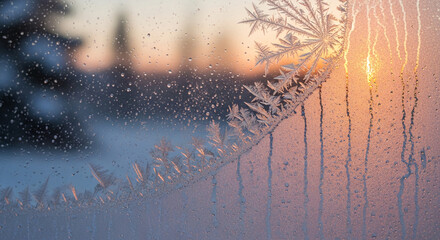 Close-up of frost pattern and water droplets on glass, blurring outdoor scene. Representing winter texture, cold season, and fragile beauty of nature