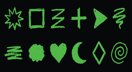 Hand Drawn. Shape. Chalk. A green vector set of various abstract shapes and symbols with a chalk or crayon texture for a creative design element, a social media post, or a background.