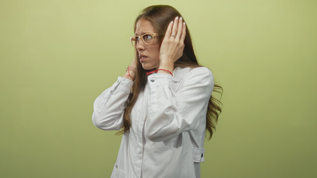 Scientist woman wearing white lab coat and glasses covers ears with hands, grimacing in green studio space; sensory overload anxiety.