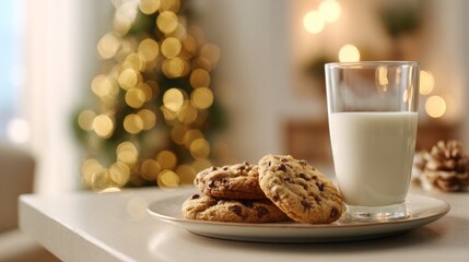 Plate of freshly baked cookies and a glass of milk on a minimalist surface, with a glowing Christmas tree in the background for festive holiday spirit