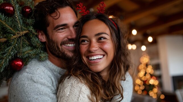 Couple celebrating Christmas, smiling at camera, standing in front of festive tree with lights.