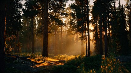 Obraz premium Sunlight streams through dense woodland illuminating the forest floor with golden rays