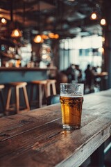 Glass of cooling beer on wooden bar tabletop, bar interior in the background.