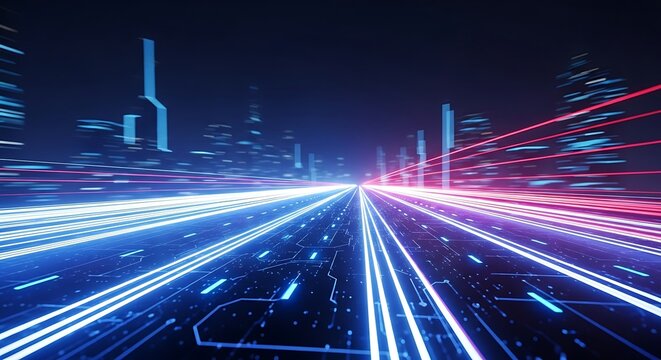 Abstract futuristic city highway with glowing lights and data streams - Powered by Adobe