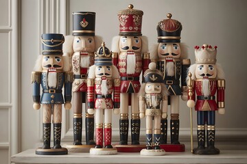 A collection of nutcrackers of different sizes standing guard on a mantelpiece or side table, dressed in festive uniforms 