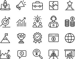 Business strategy icons, financial growth symbols, startup launch, teamwork, online marketing, money stack, achievement, analysis, goal, planning, success