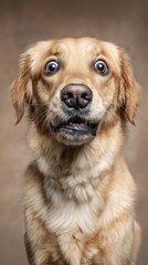 Obraz premium Surprised golden retriever with wide-open eyes and expressive snout, warm beige background, premium studio lighting, showcasing canine emotion and charm