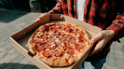 Person in red flannel shirt joyfully holding open pizza box with pepperoni and olives, enjoying comfort food outdoors on a sunny day