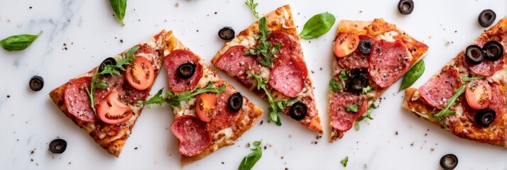 Ultra-wide product photo of floating pizza slices with fresh ingredients, showcasing comfort food for National Pizza Day celebration
