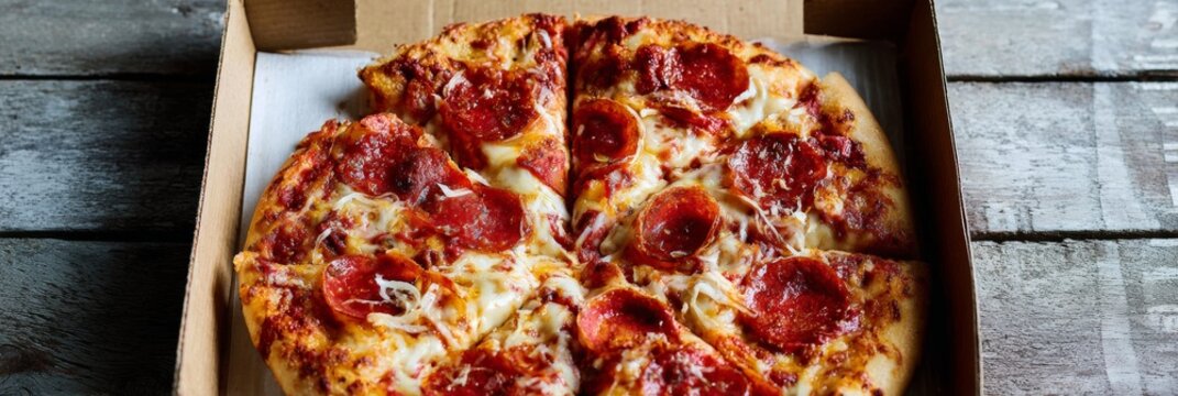 Panoramic view of a steaming pepperoni pizza in an open delivery box, showcasing comfort food for National Pizza Day celebration