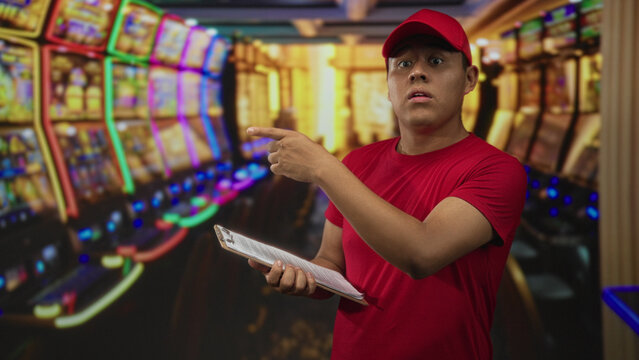 Young hispanic man pointing finger at slot machine and holding clipboard in casino building; surprise inspection.