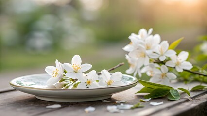 White flowers on a plate with green leaves sitting on a wooden surface in a blurred background