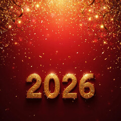 Vibrant New Year 2026 Background with Red Gold Confetti and Shimmering Particles