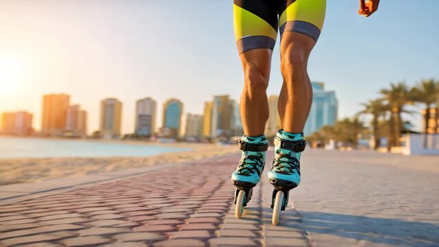 Skater glides along coastal pathway in city during sunset with modern buildings in background